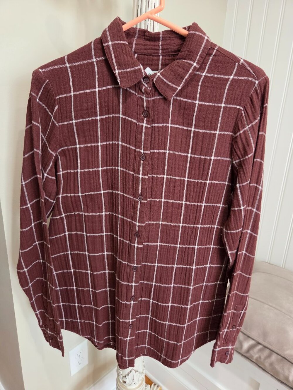 Women's Orvis Every Season Gauze Plaid Shirt Raisin Long Sleeve Button Down New